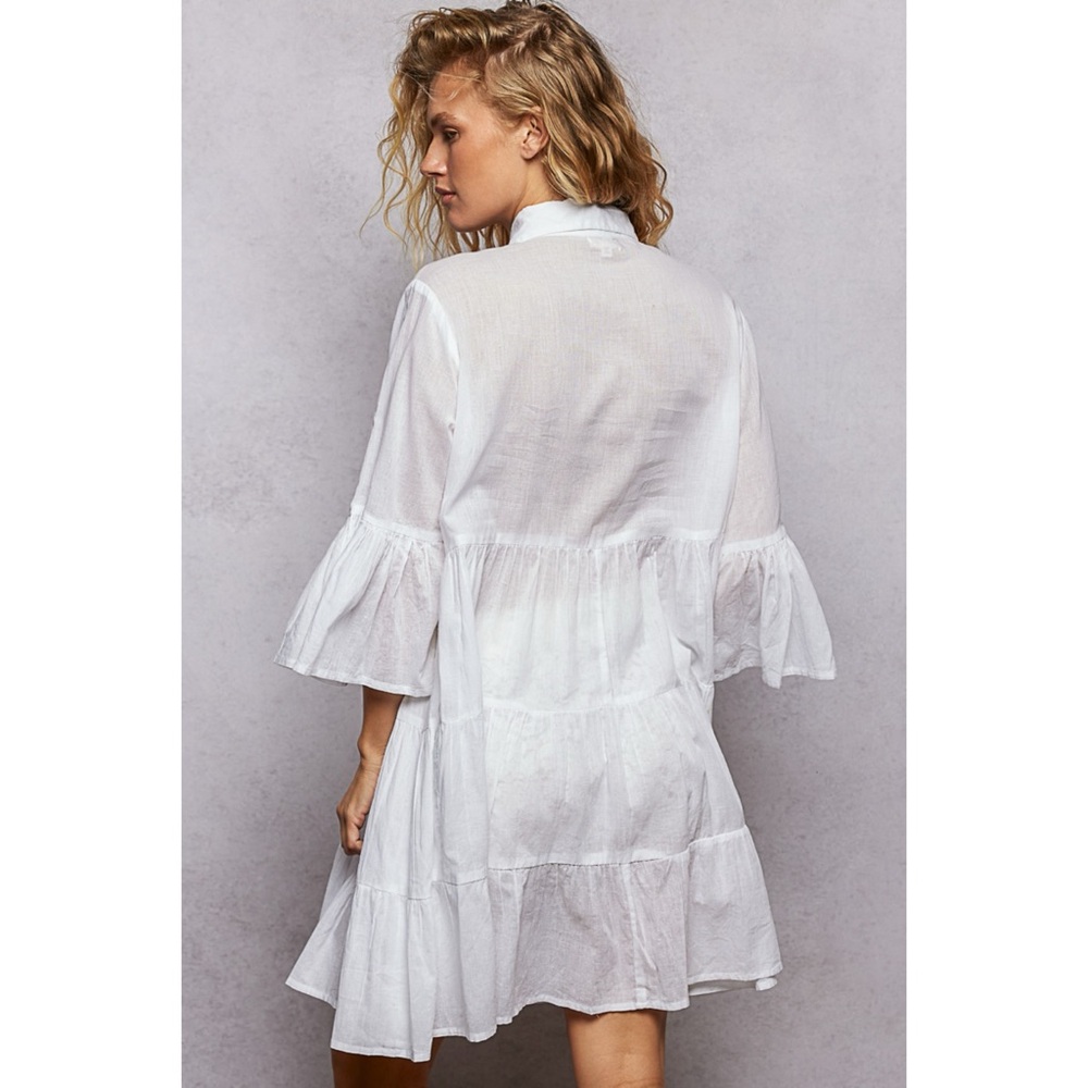 POL White Embroidered Tiered Mini Dress | Ruffle Sleeve Button Front Collared - Picture 10 of 12